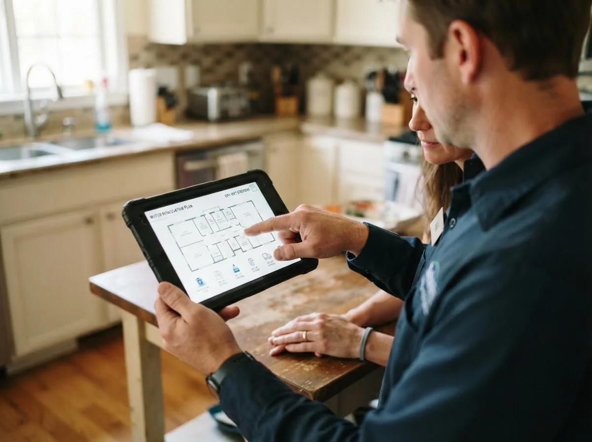 Water damage restoration technician inspecting a home in Warsaw, KY